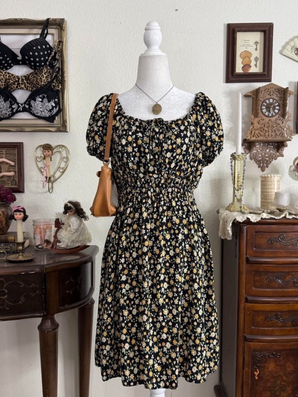 Boho whimsical fairy grunge black and yellow floral babydoll mini dress